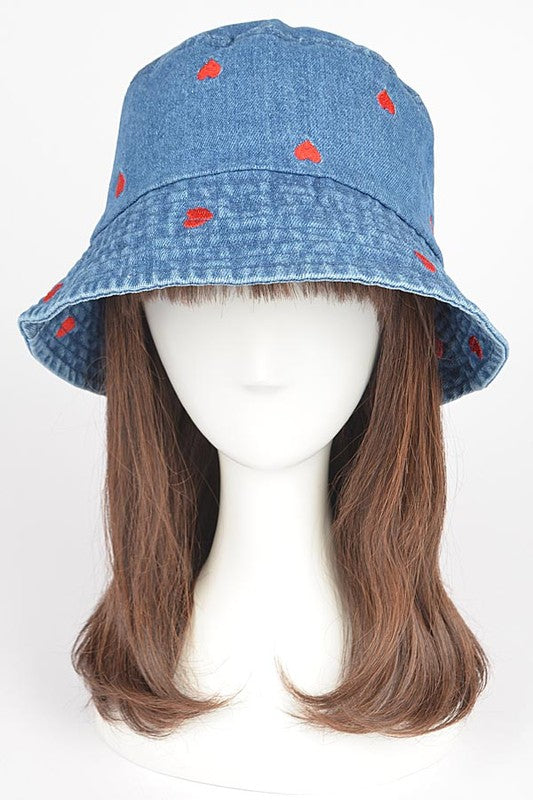 Blue Heart Embroidered Denim Bucket Hat on Mannequin Front view