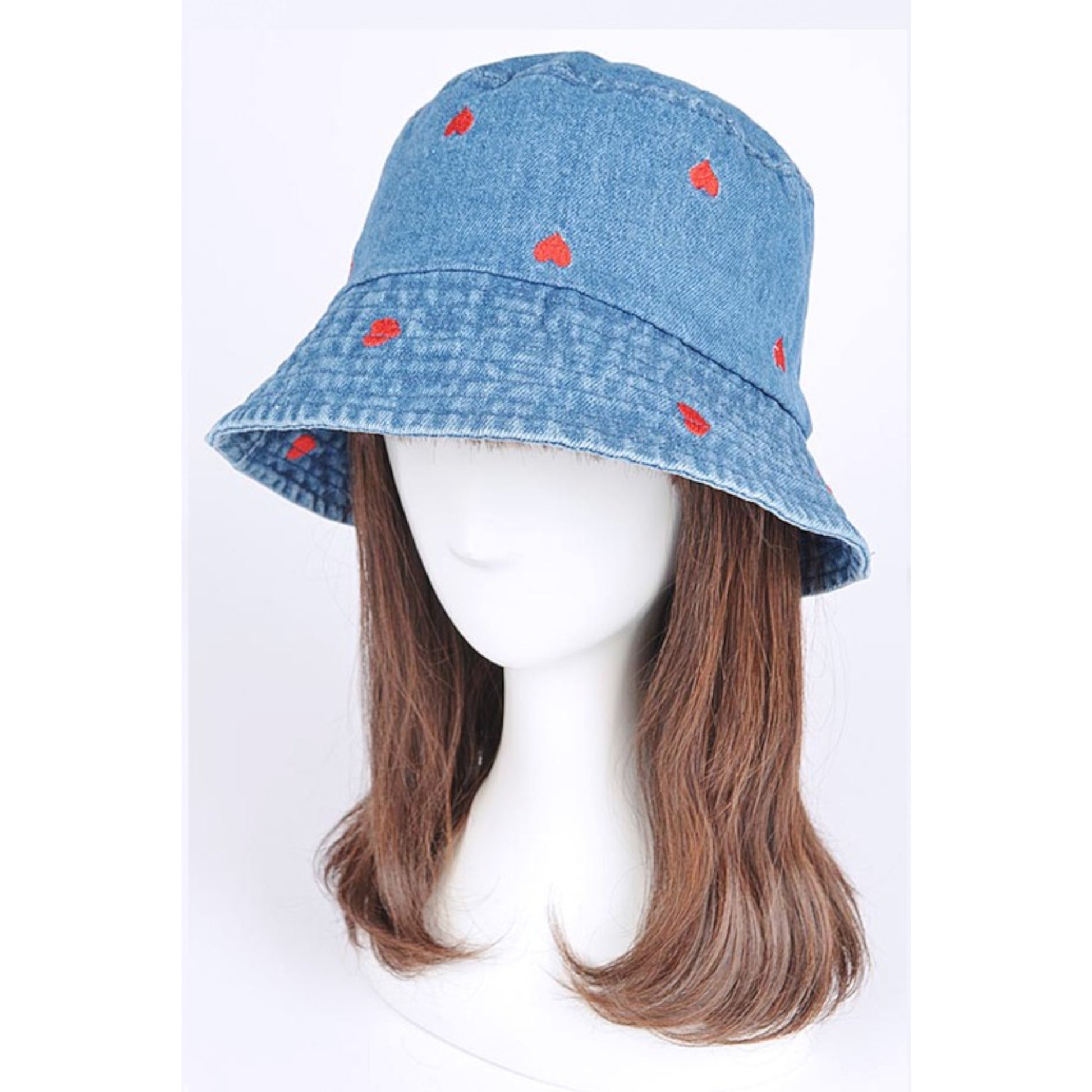 Blue Heart Embroidered Denim Bucket Hat on Mannequin Side view