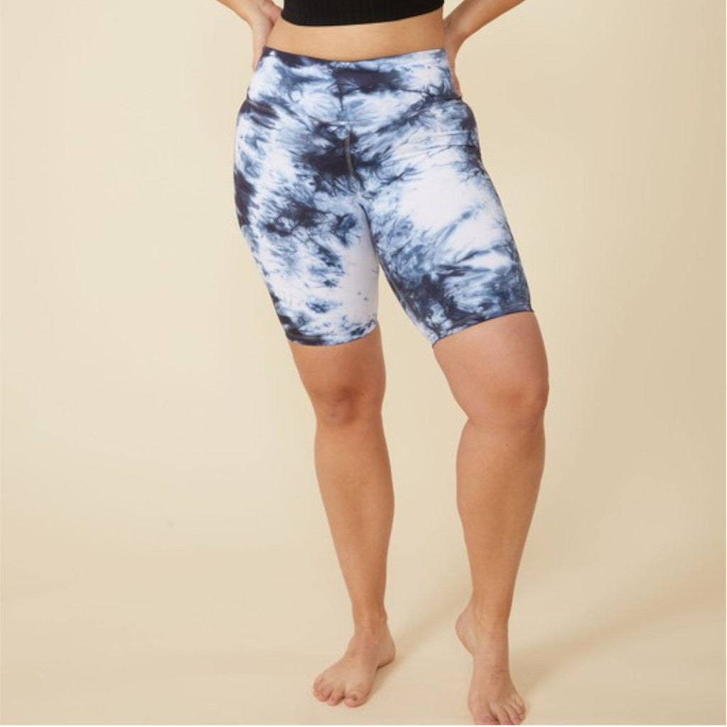 Blue High Waisted Tie Dye Biker Shorts Front view
