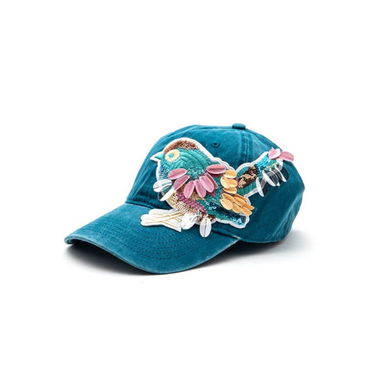 Blue Mix Media Bird Patch Vintage Cotton Canvas Cap Side view