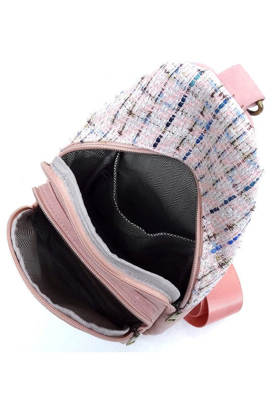 Blush Tweed Sling Bag Backpack Interior view