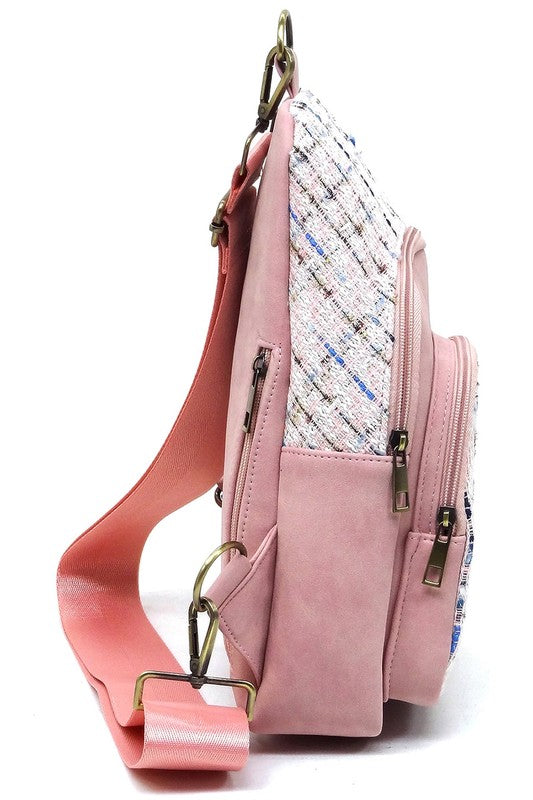 Blush Tweed Sling Bag Backpack Right Side view