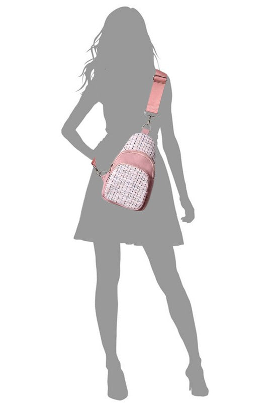 Blush Tweed Sling Bag Backpack on Silhouette Model