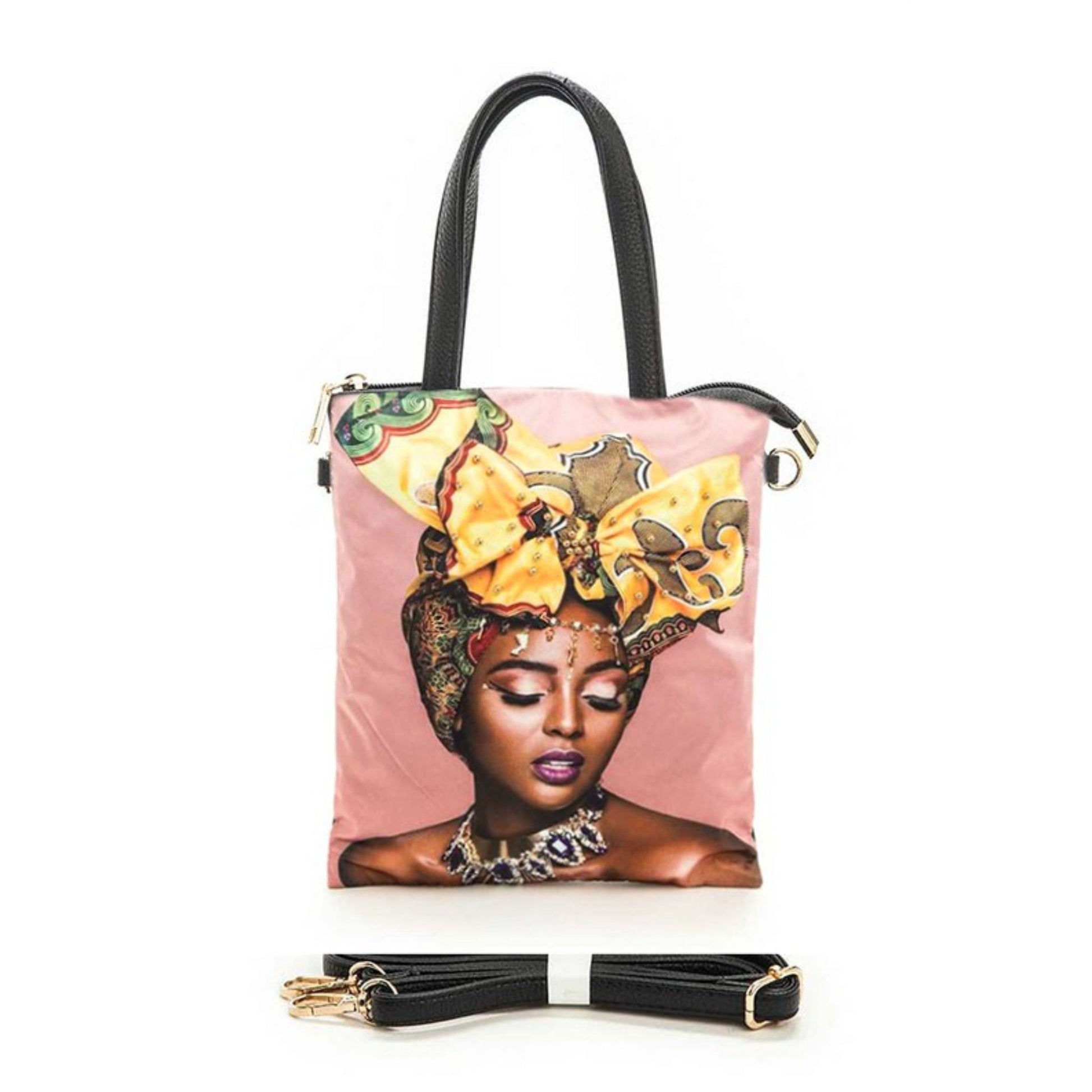 Handbag with a design of a woman wearing a colorful headscarf on a white background