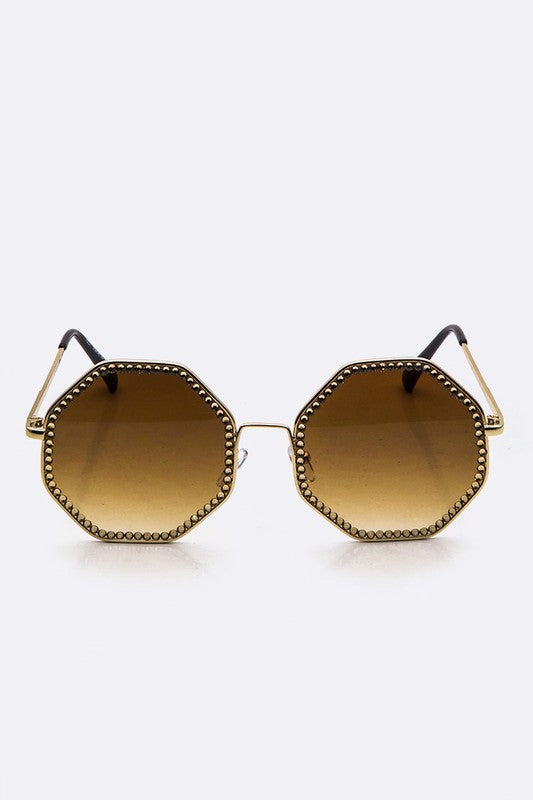 Brown Austrian Crystal Octagon Oversized Sunglasses Front view
