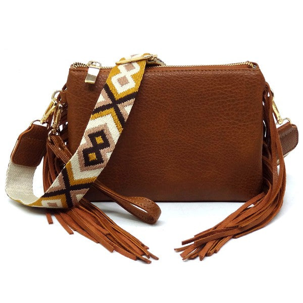 Brown Aztec Guitar Strap Fringe Clutch Crossbody Front view