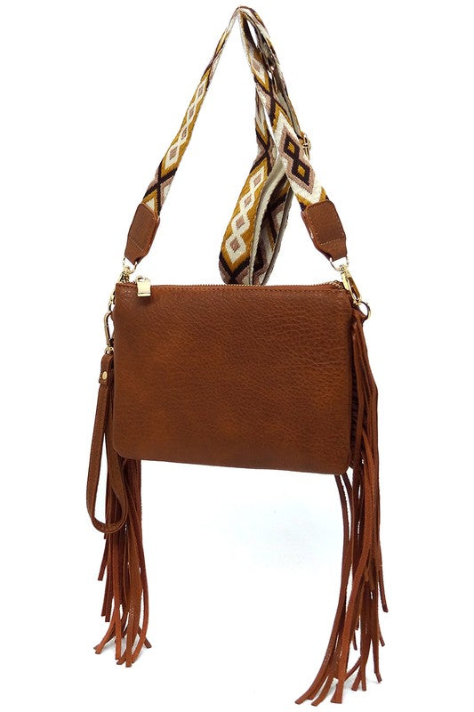 Brown Aztec Guitar Strap Fringe Clutch Crossbody Hanging Front view