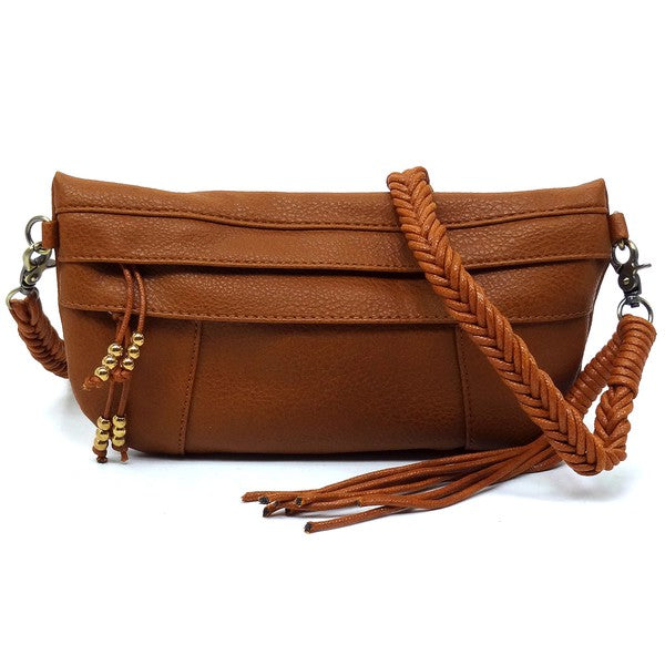Brown Braided Tassel Strap Crossbody Bag Front view Strap down