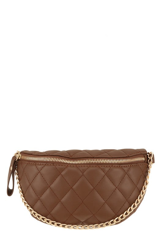 Brown Chain Attached Quilted Fanny Bag Front view