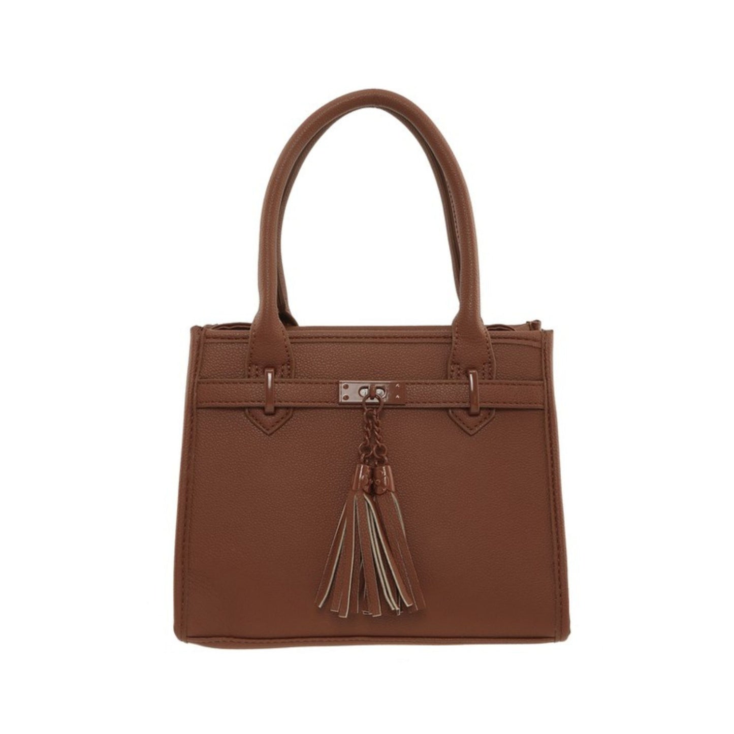 Brown handbag with a tassel on a white background