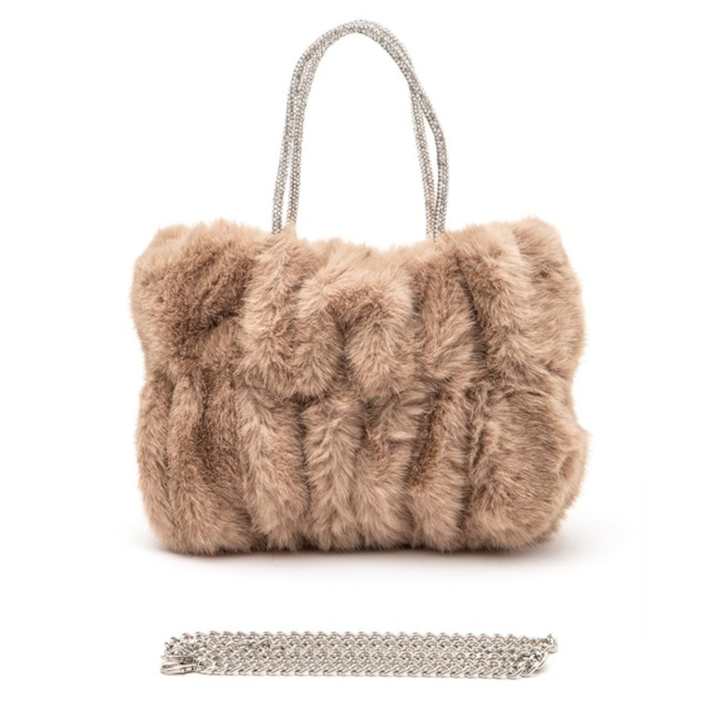 Brown Rhinestone Top Handle Faux Fur Winter Tote Bag with metal chain unattached