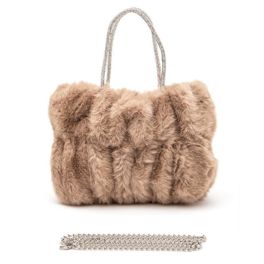 Brown Rhinestone Top Handle Faux Fur Winter Tote Bag with metal chain unattached