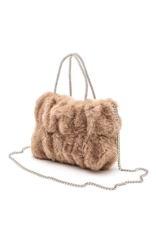 Brown Rhinestone Top Handle Faux Fur Winter Tote Bag with metal strap attached