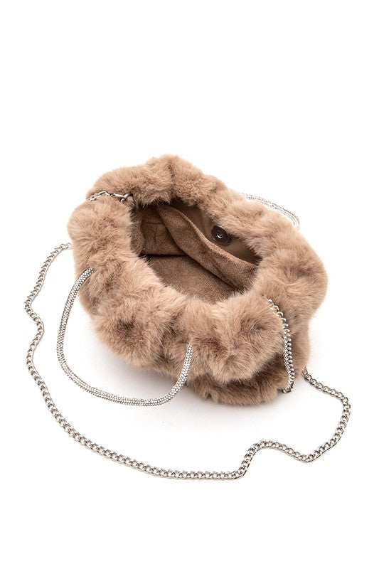 Brown Rhinestone Top Handle Faux Fur Winter Tote Bag with metal strap attached interior view