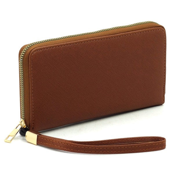 Brown Saffiano Zip Around Wallet Wristlet Side view