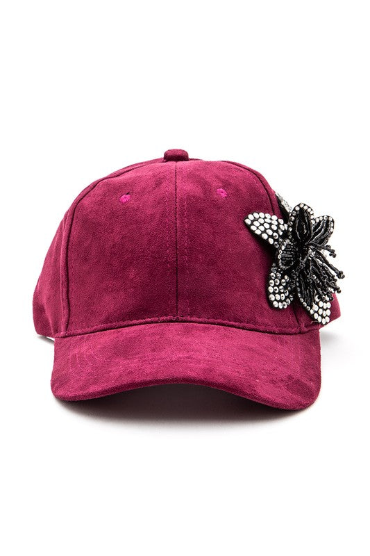 Burgundy Beaded Flower Rhinestone 3D Beaded Flower Cap Front view