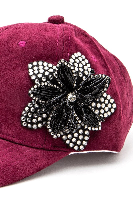Burgundy Beaded Flower Rhinestone 3D Beaded Flower Cap Side view Up Close
