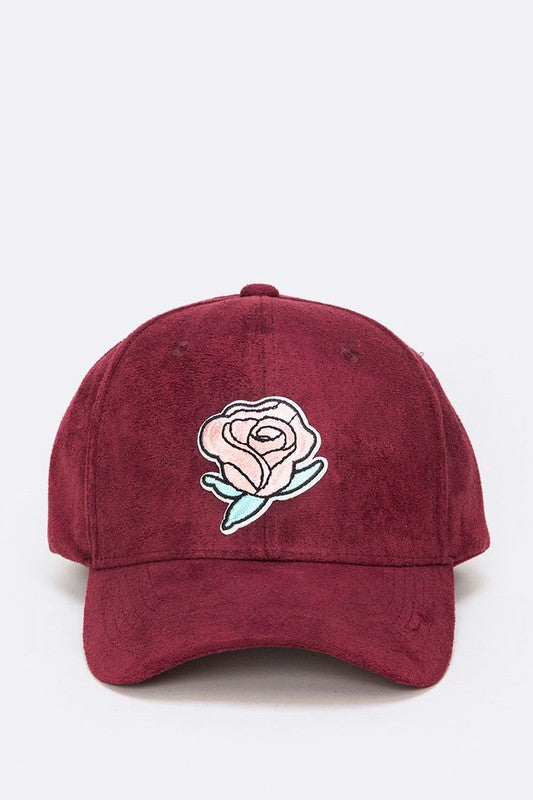 Burgundy Rose Patch Suede Cap