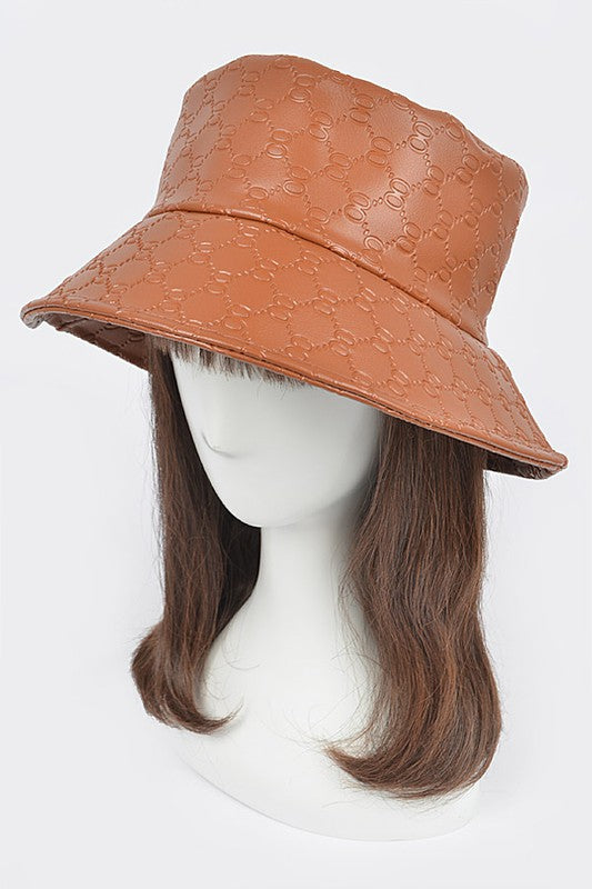 Camel Embossed Pattern Faux Leather Bucket Hat on Mannequin Front view