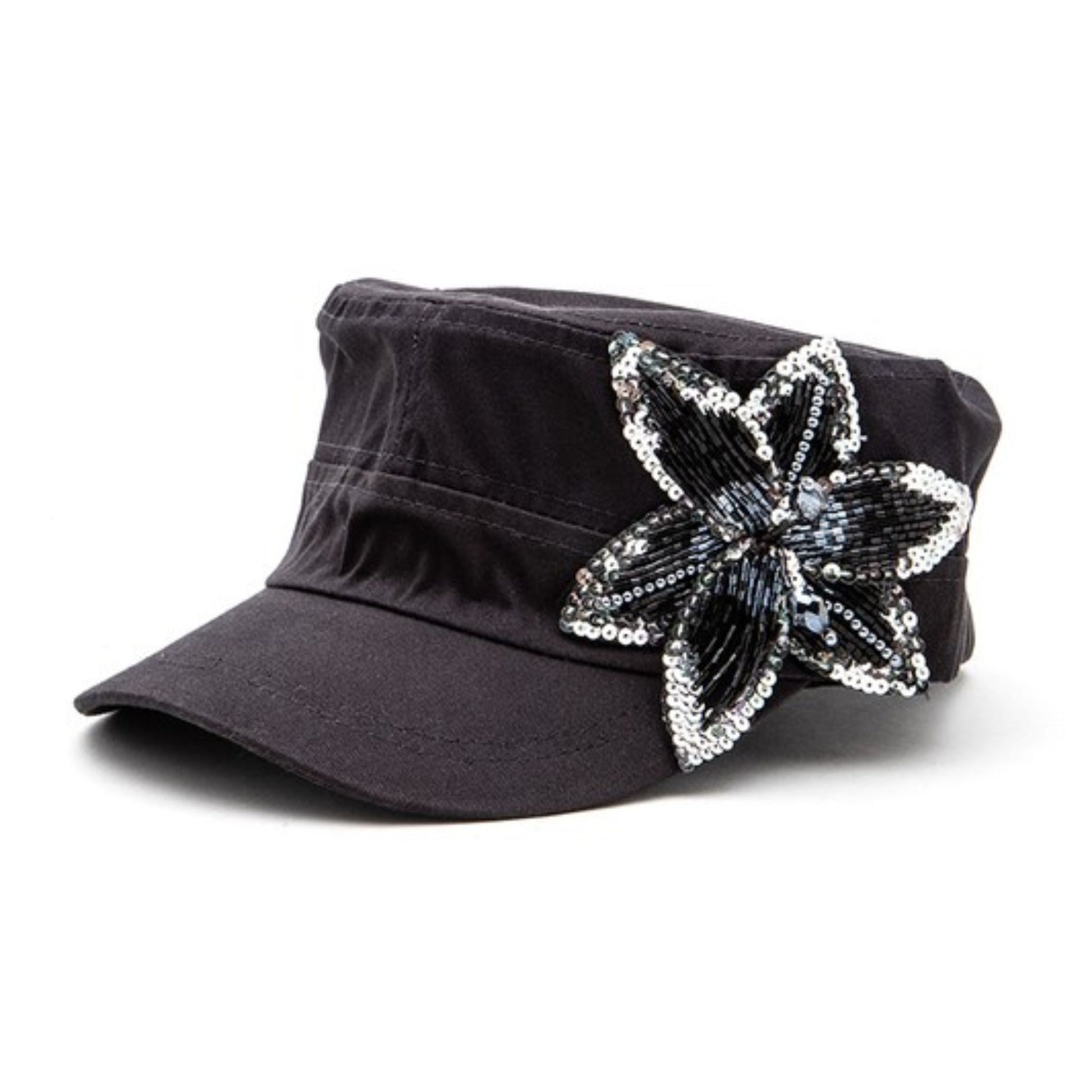 Charcoal cap with a decorative silver flower on a white background