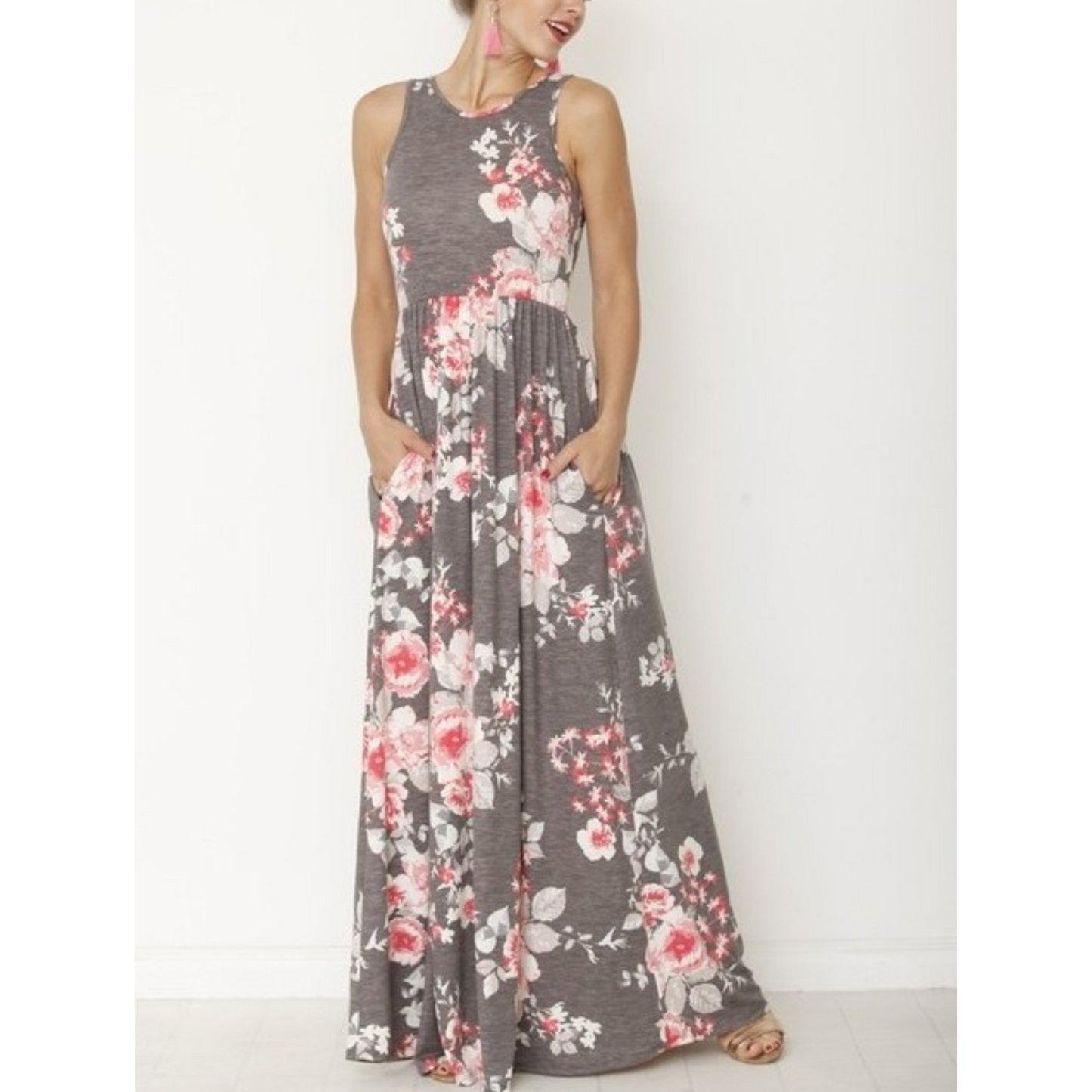 Charcoal_Vintage_Floral_Maxi_Dress_with_Hidden_Pockets_-_Front_view_on_Model