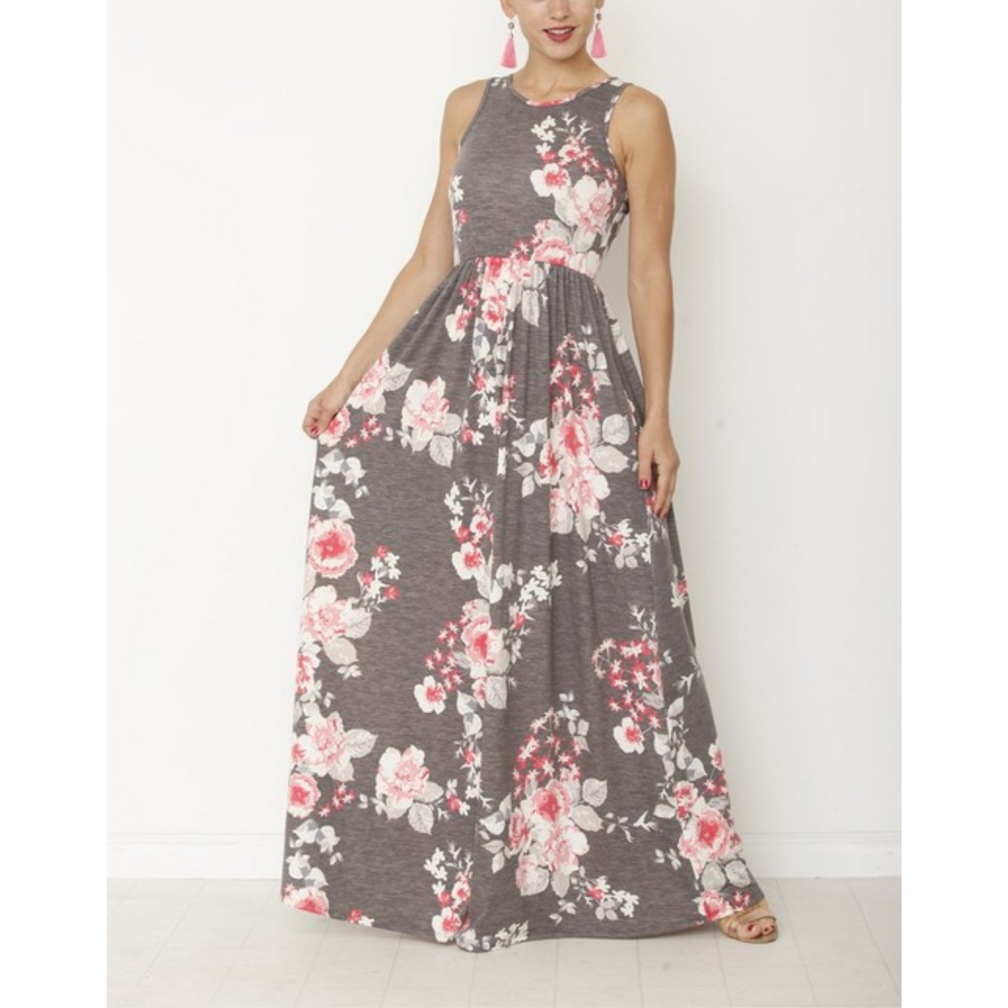 Charcoal_Vintage_Floral_Maxi_Dress_with_Hidden_Pockets_-_Front_view_on_Model_showing_width_of_dress