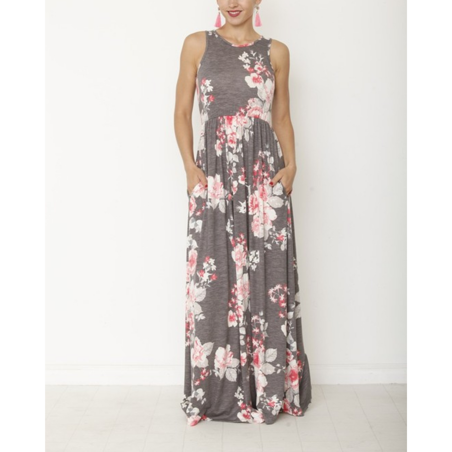 Charcoal_Vintage_Floral_Maxi_Dress_with_Hidden_Pockets_-_Front_view_on_Model_with_hands_in_pockets