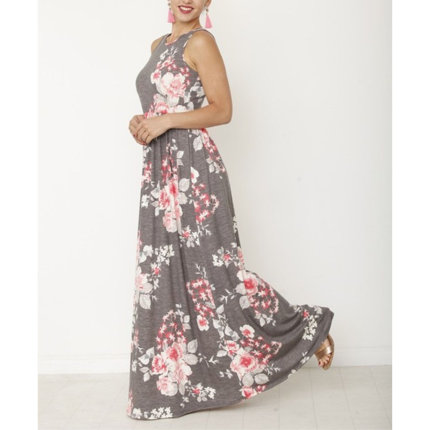 Charcoal_Vintage_Floral_Maxi_Dress_with_Hidden_Pockets_-_Side_view_on_Model