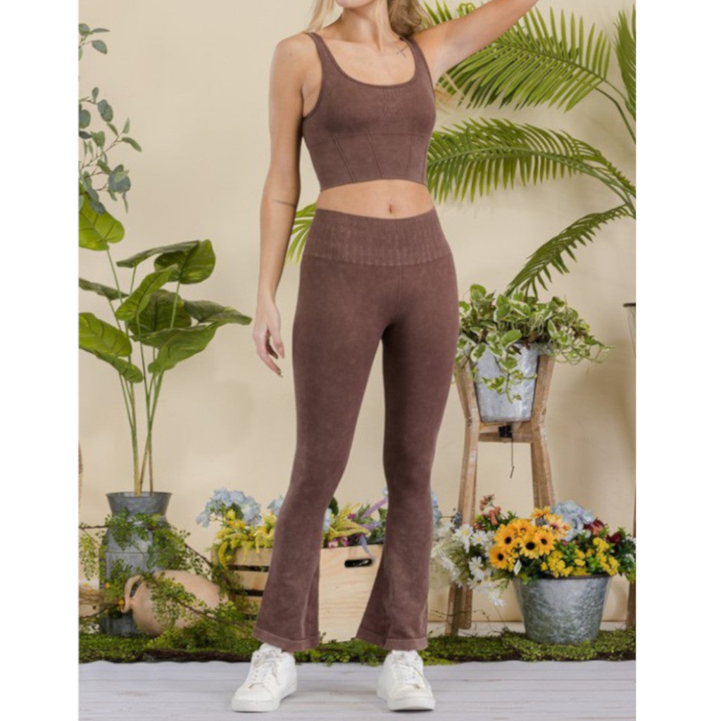 Coffee Women's Stone Washed Ribbed Yoga Pants Front view