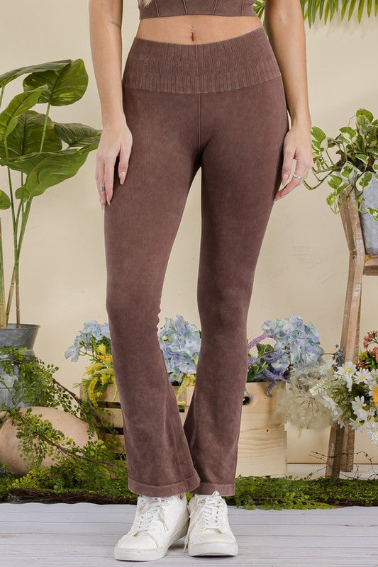 Coffee Women's Stone Washed Ribbed Yoga Pants Front view Up Close
