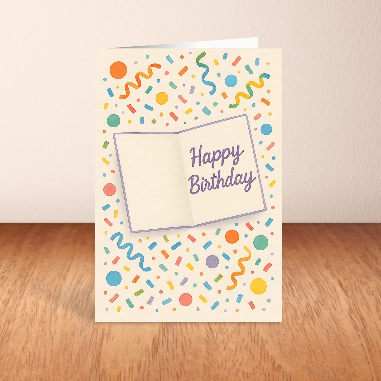 Birthday card with colorful confetti design and 'Happy Birthday' text on a wooden surface.