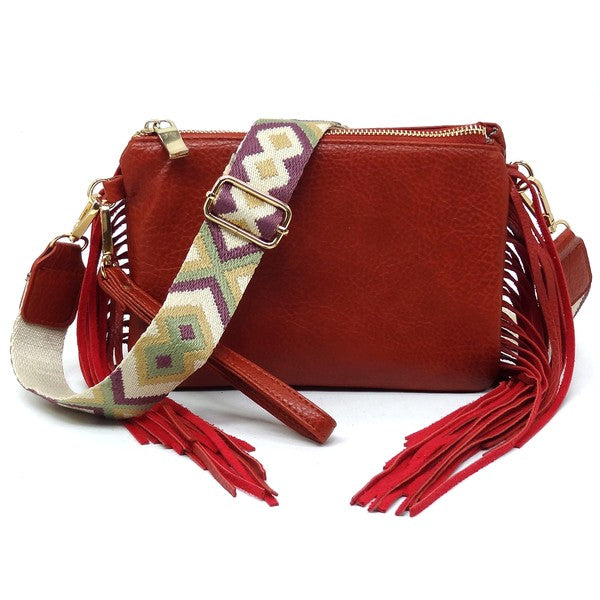 Coral Aztec Guitar Strap Fringe Clutch Crossbody Bag Front view