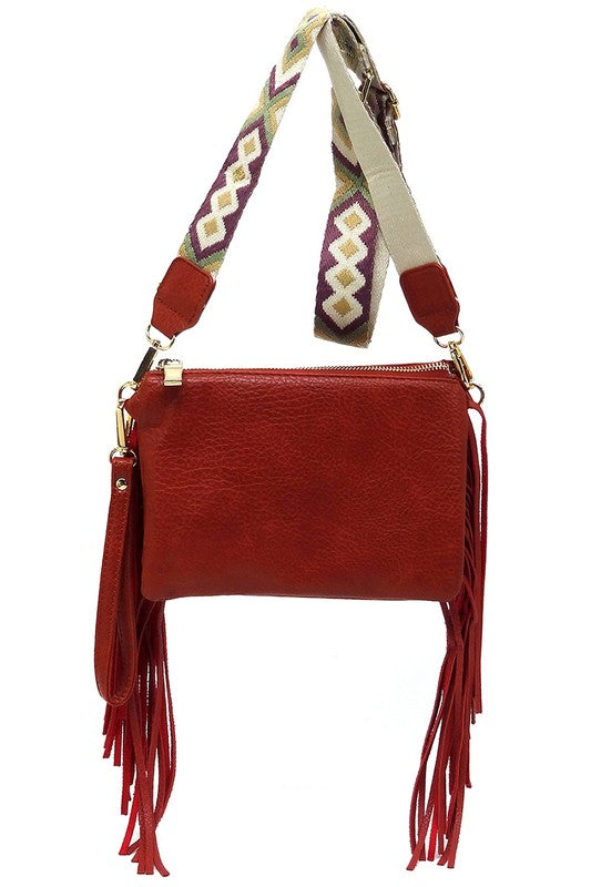Coral Aztec Guitar Strap Fringe Clutch Crossbody Bag Hanging Front view