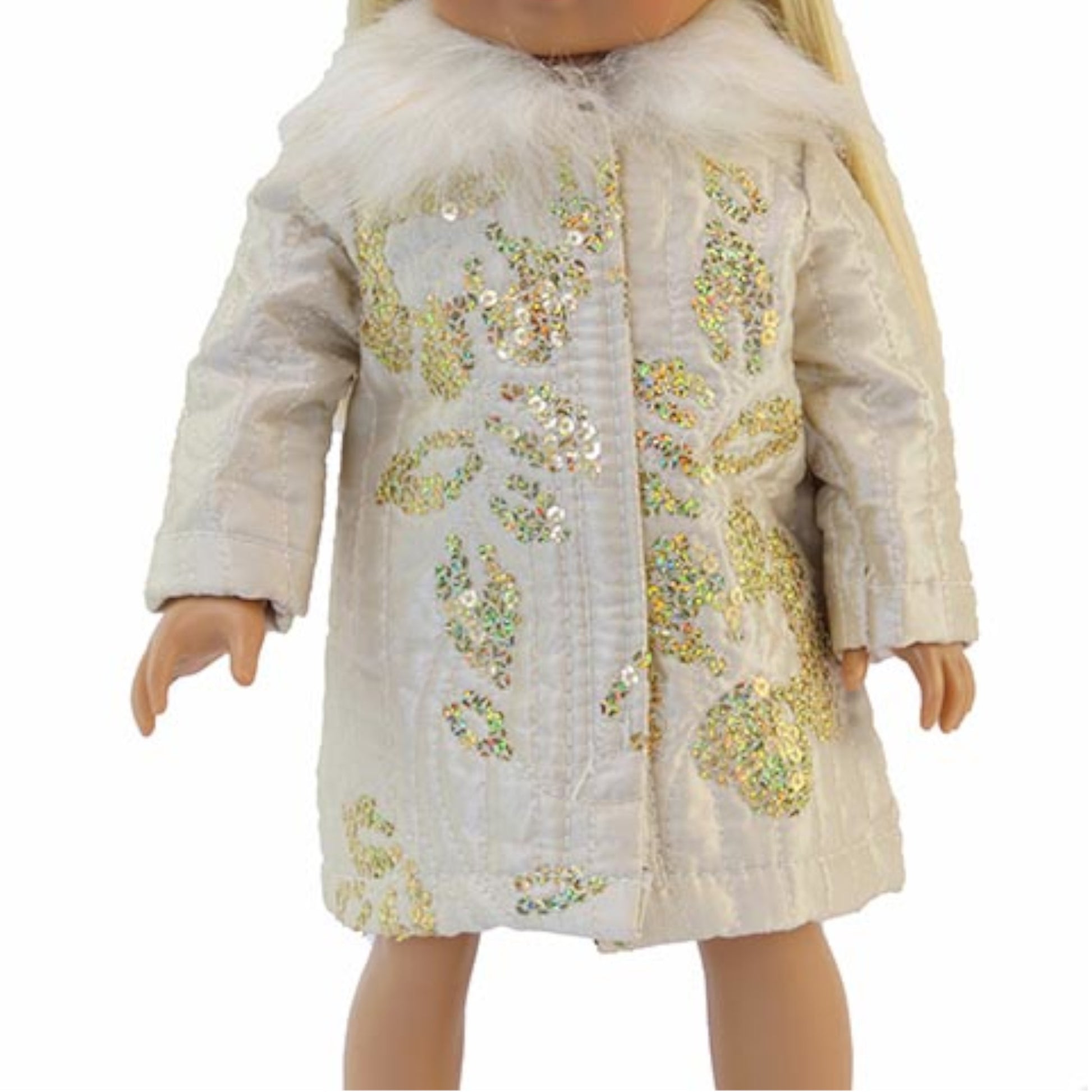 Cream Coat with Gold Sequin Flower Design for 18-inch dolls with doll Up Close