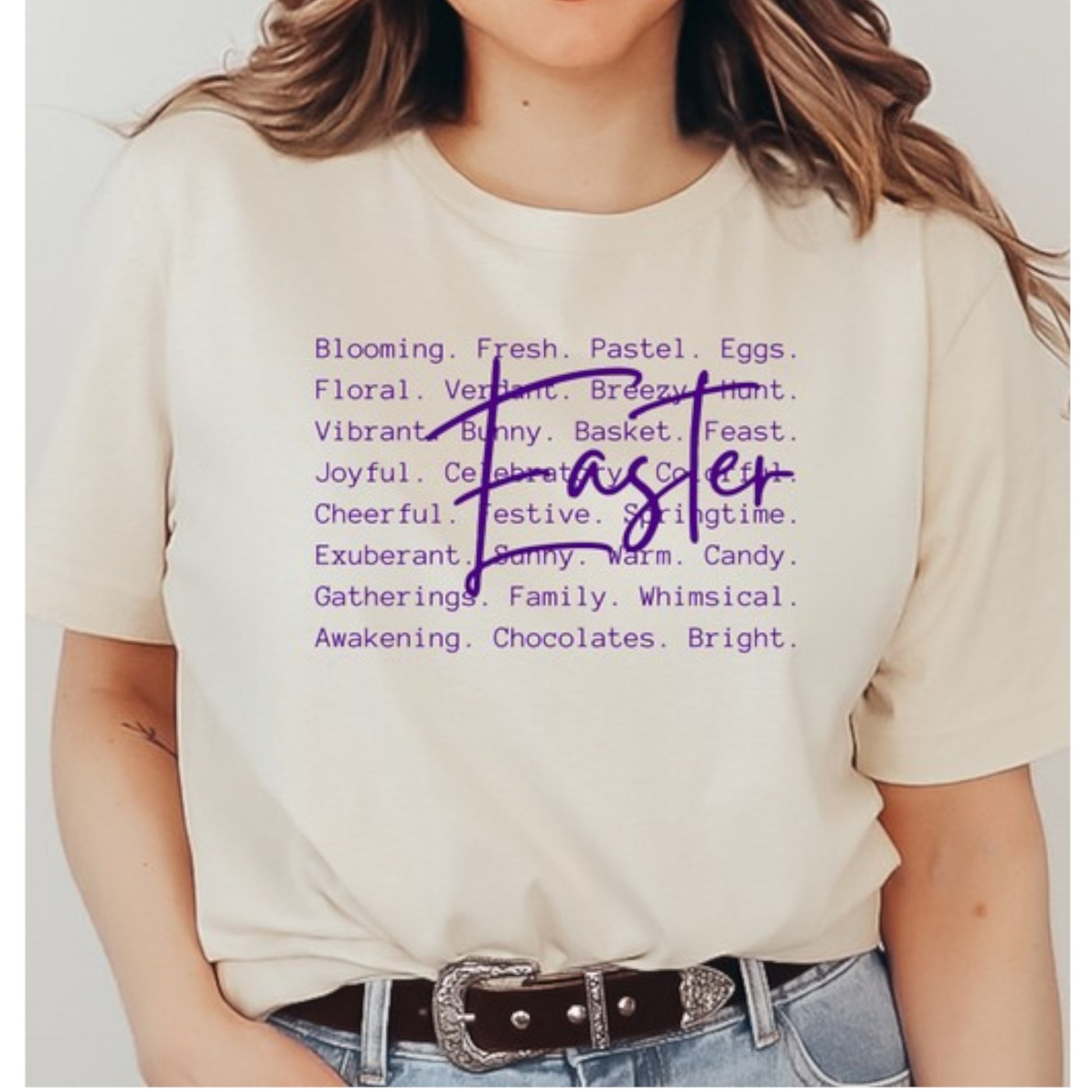 Cream Easter Words Printed Graphic Tee Plus on Model