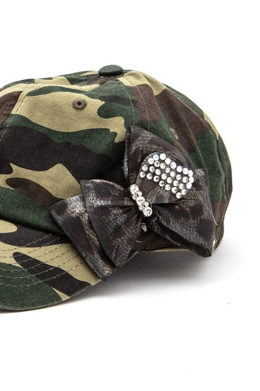Crystal Chiffon Bow Tie Iconic Camo Cotton Cap - Bow up close