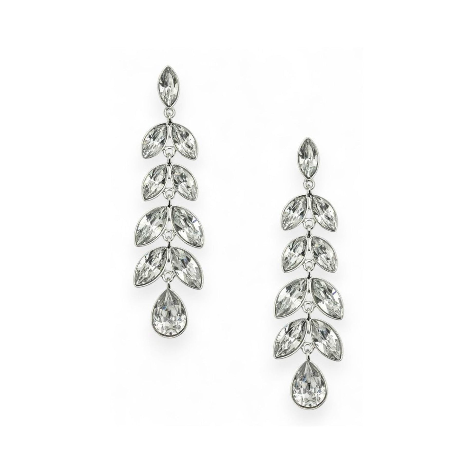 Pair of silver leaf-shaped earrings on a white background