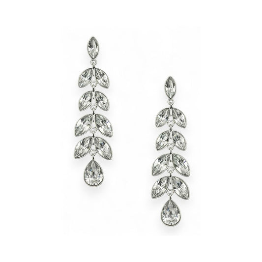 Pair of silver leaf-shaped earrings on a white background