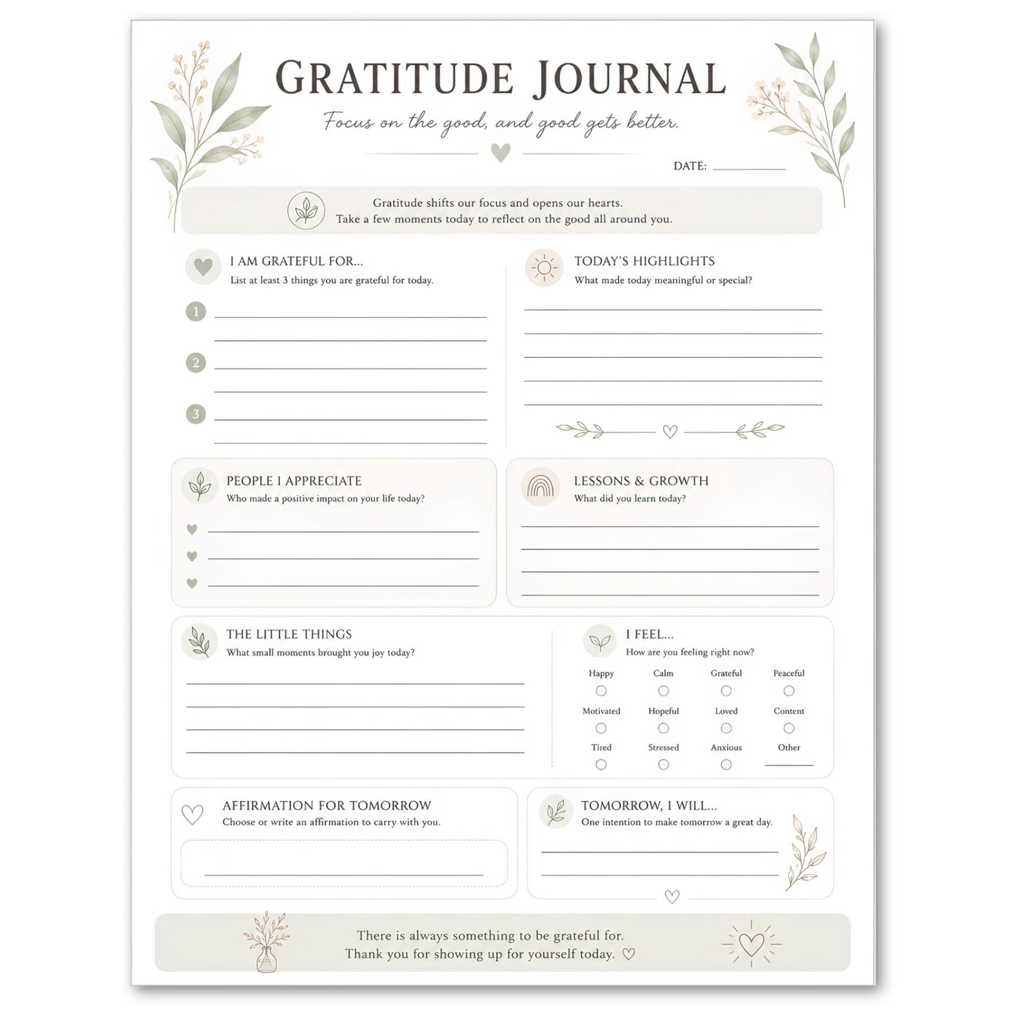 Gratitude journal with text and bullet points on a white background