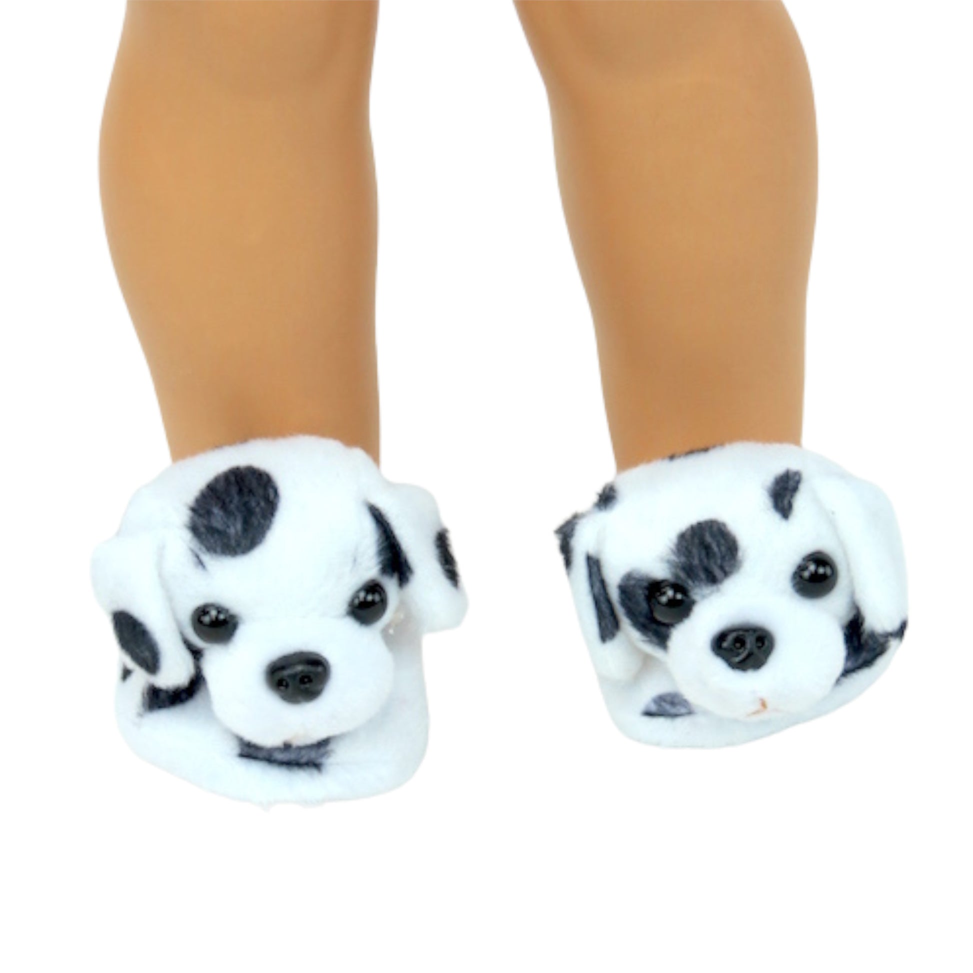 Dalmatian Slippers for 18-inch dolls with doll Front view