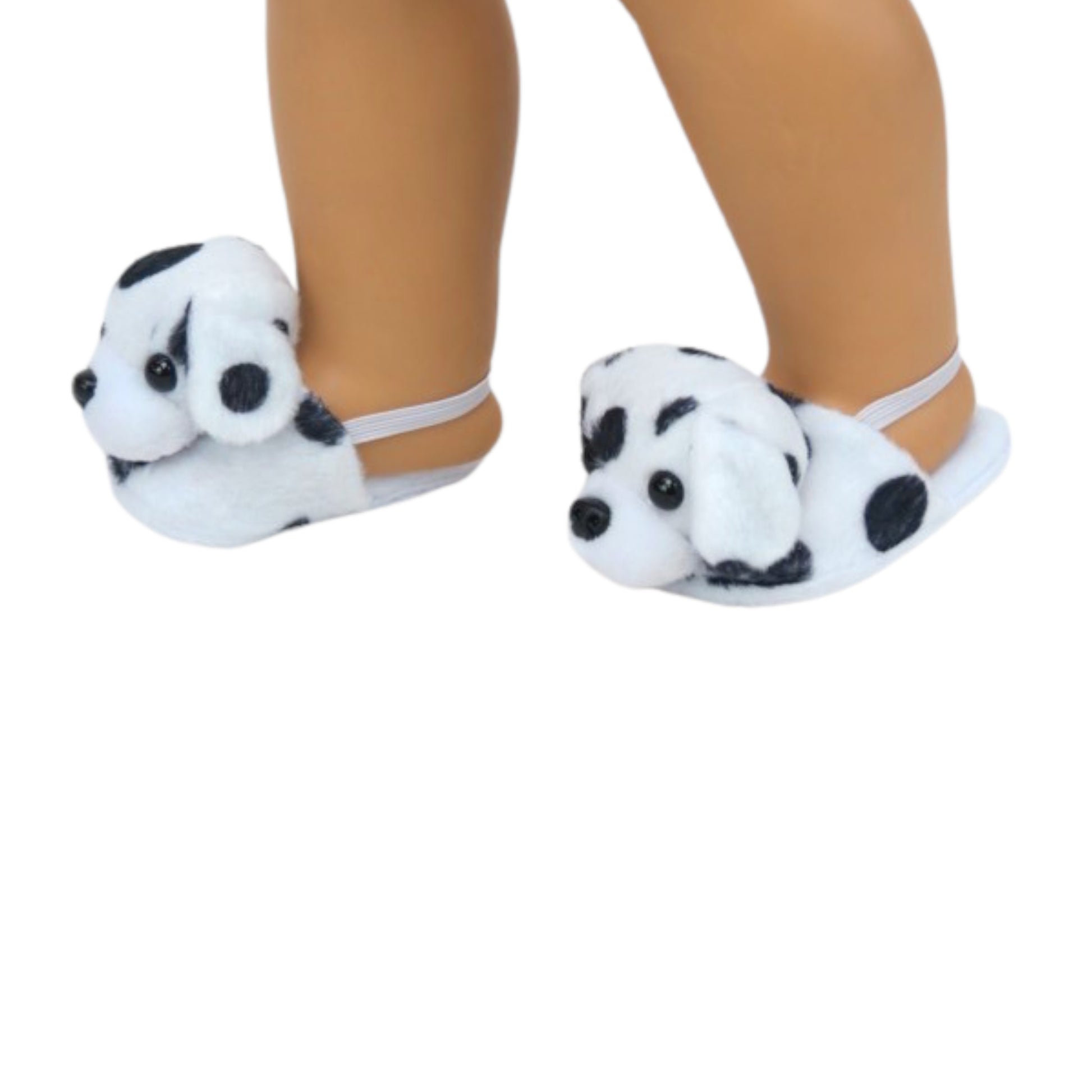 Dalmatian Slippers for 18-inch dolls with doll Side view