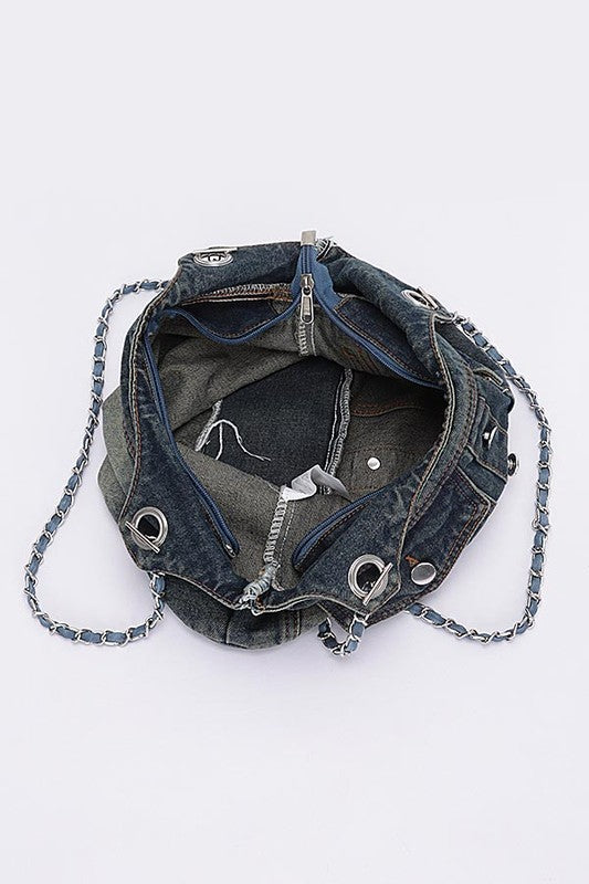 Dark Blue Vintage Denim Iconic Tote Bag Interior view