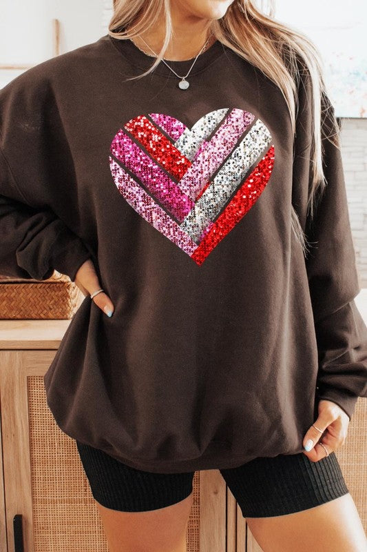 Dark Chocolate Faux Sequins Striped Heart Graphic Sweatshirt