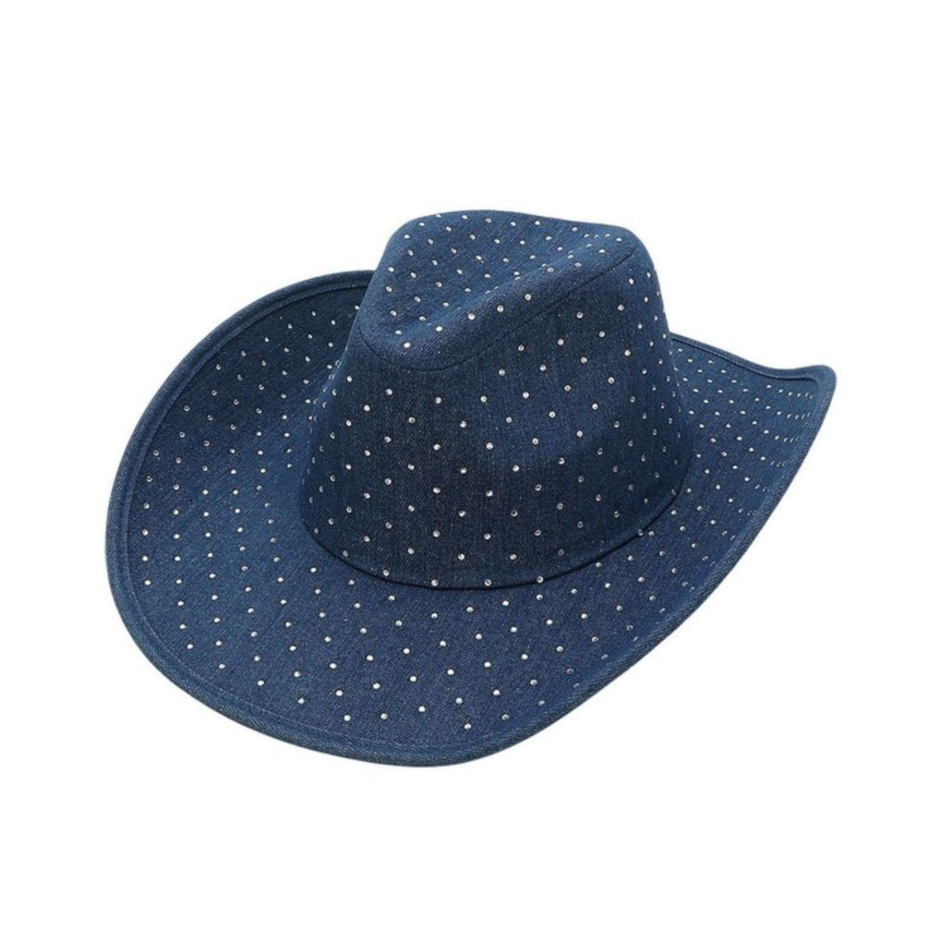 Blue cowboy hat with white polka dots on a white background