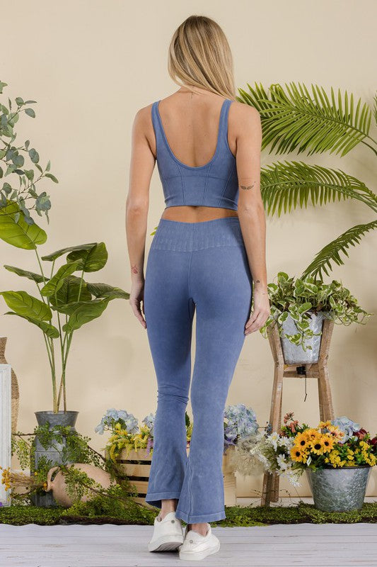 Denim Blue Women's Stone Washed Ribbed Matching Yoga Set Back view