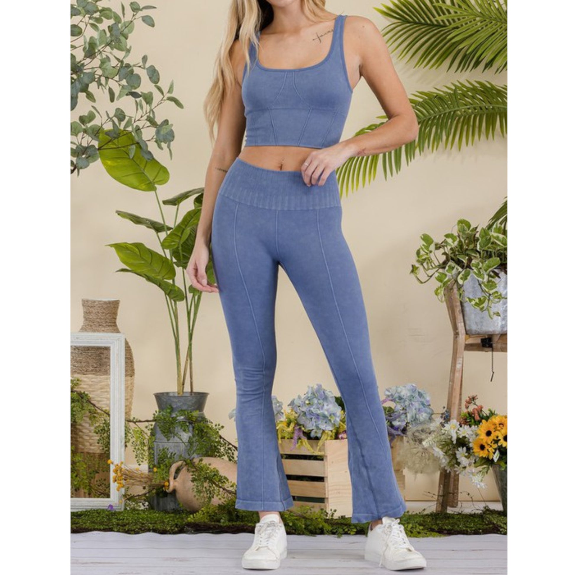Denim Blue Women's Stone Washed Ribbed Matching Yoga Set Front view 2