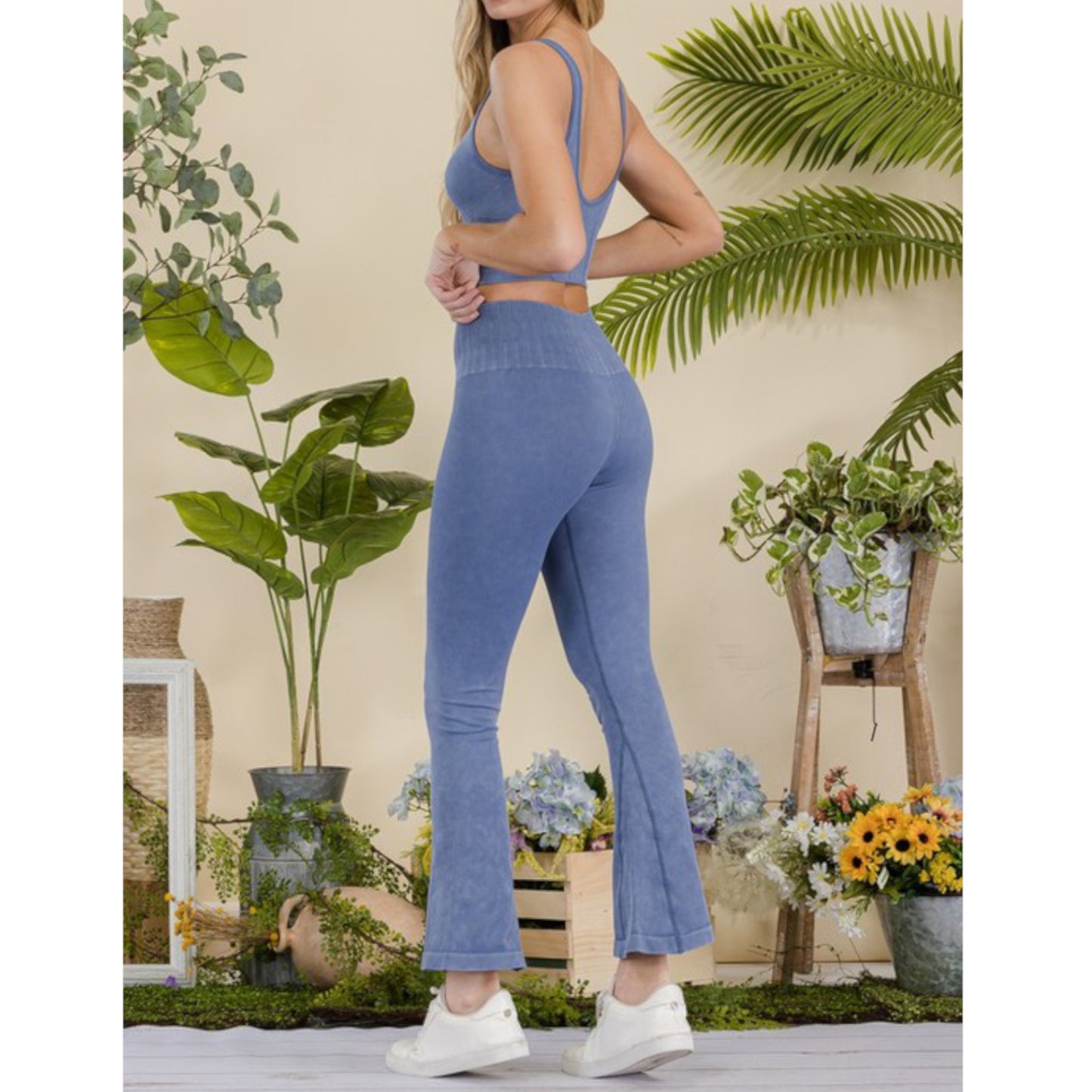 Denim Blue Women's Stone Washed Ribbed Matching Yoga Set Side view