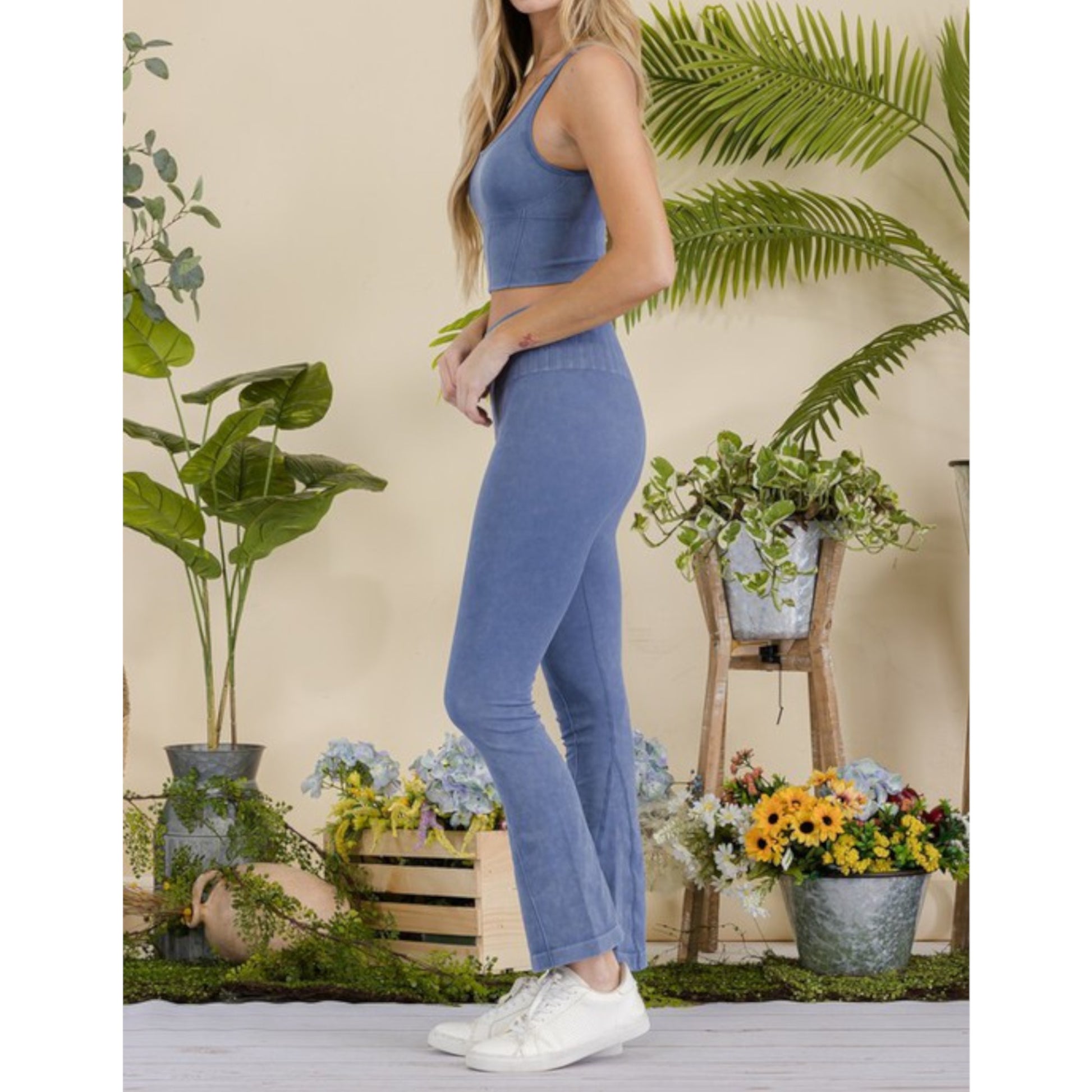 Denim Blue Women's Stone Washed Ribbed Matching Yoga Set Side view 2
