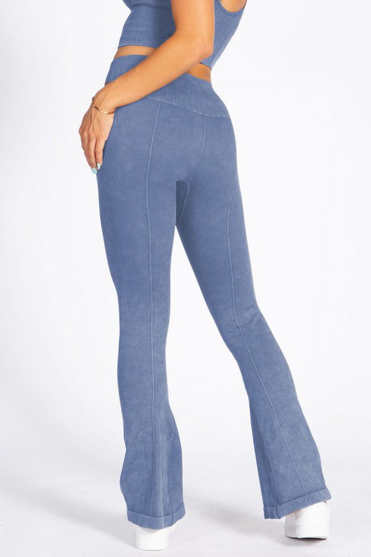 Denim Blue Women's Stone Washed Ribbed Yoga Pants Back view