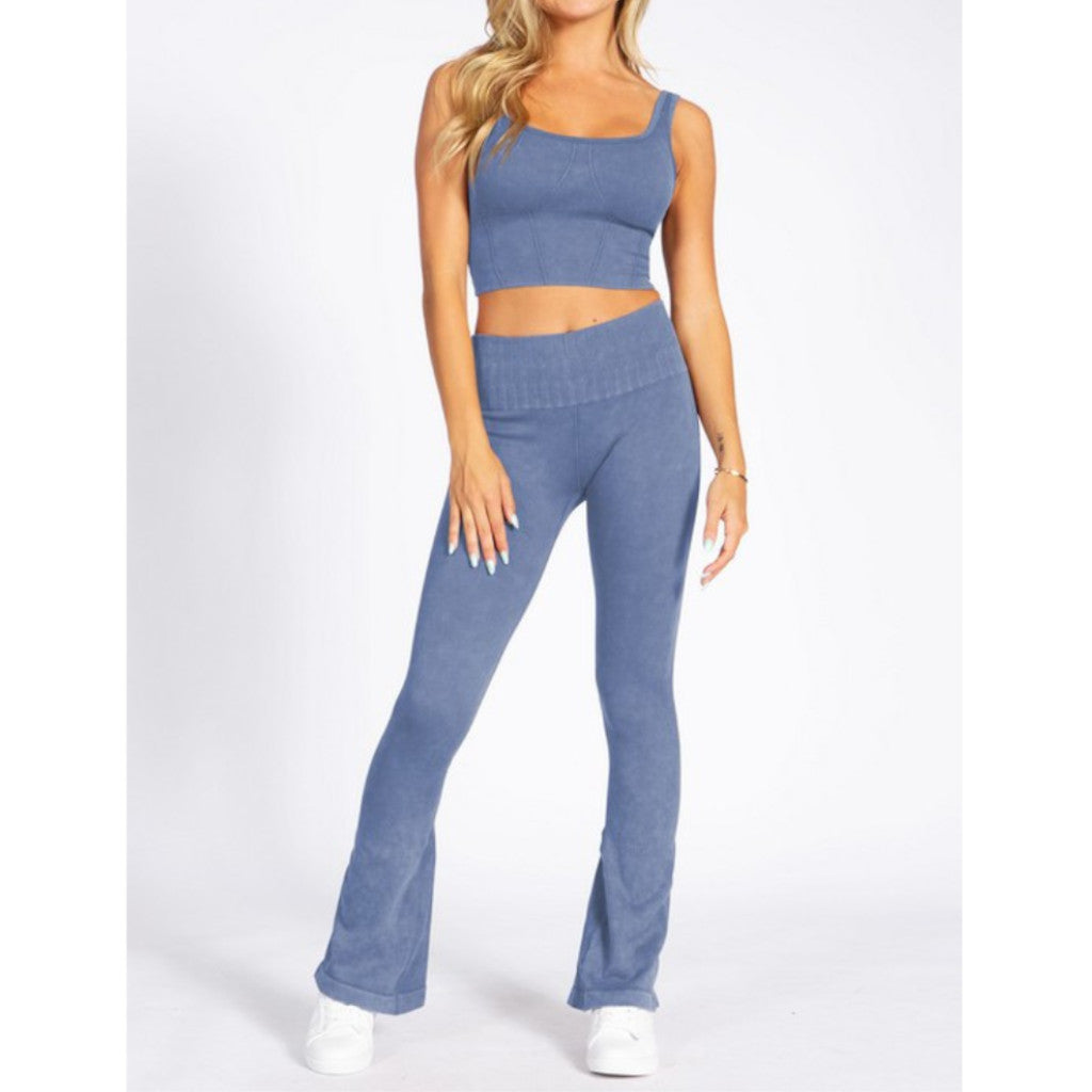 Denim Blue Women's Stone Washed Ribbed Yoga Pants Front view